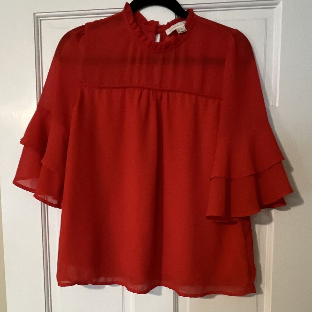 Monteau Los Angeles Women’s Red Sheer Chiffon Ruffle High Neck Blouse L